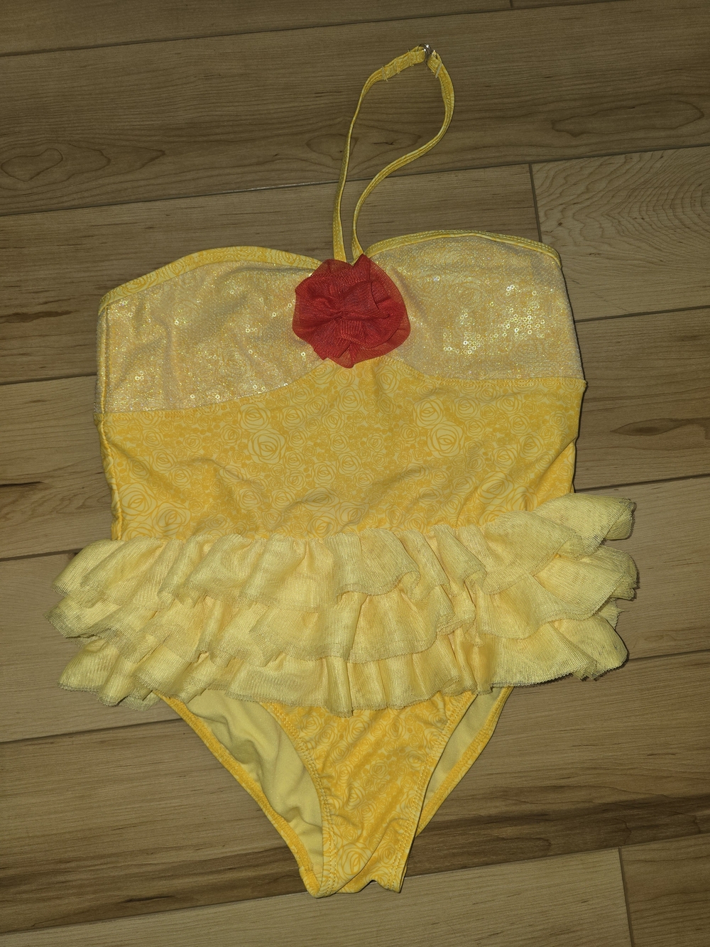 Yellow Ruffle Kids Belle Swimsuit with Red Flower Accent